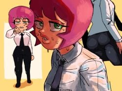 abalone_welsh_(ennuikal) black_shoes boob_bulge boobs breasts butt_bulge cleavage collage dress_pants dress_shirt ennuikalart eyeshadow glistening glistening_body green_eyes oc original original_character pink_hair see_through_clothing simple_background simple_eyes simple_face simple_lighting simple_shading sweat sweatdrop sweating sweaty sweaty_body sweaty_breasts tagme tie yellow_background