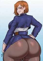 ai_generated back_view backside big_ass bob_cut brown_hair fully_clothed hand_on_hip jujutsu_kaisen kugisaki_nobara rayasox smug thick