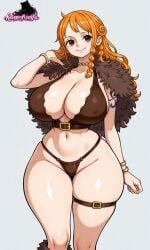 1girls ai_generated arm_tattoo blue_tattoo bra braid brown brown_eyes curvaceous curvy female female_only houseofwaifu huge_breasts nami_(one_piece) one_piece orange-haired_female orange_hair panties smiling solo_female tattoo thick thick_thighs thong tiny_waist wide_hips