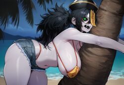 1girls ai_generated bags_under_eyes beach bikini black_hair black_sclera black_tongue breasts clothed clothes clothing daisy_dukes dashi_(paigen) denim denim_shorts fangs female green_eyes hat horror horror_(theme) jiangshi large_breasts monster_girl original original_character paigen sand sharp_teeth shorts swimsuit tree undead water
