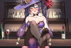 1girls :d ai_assisted ai_generated alcohol aqua_eyes bar_(place) bare_shoulders black_choker black_hair black_pantyhose blush bottle breasts choker cleavage collarbone crossed_legs cup drinking_glass earrings feet female female_only foot_fetish foot_focus genshin_impact green_eyes hair_between_eyes hair_ornament hat hoyoverse jewelry large_breasts legs leotard long_hair looking_at_viewer mihoyo mona_(genshin_impact) nay_juno no_shoes open_mouth pantyhose presenting_foot sexy sexy_pose sitting smile soles solo star_(symbol) star_earrings stool strapless toes twintails wine wine_bottle wine_glass witch_hat