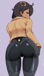 1girls alternate_version_available ass ass_focus ass_support big_ass big_breasts black_bodysuit black_hair bodysuit breasts brown_jacket clothing emma_(pokemon) emma_(pokemon_legends:_z-a) female female_only game_freak hair hair_ornament hand_on_ass huge_ass jacket looking_back maikox matiere_(pokemon) matiere_(pokemon_legends:_z-a) nintendo pokemon pokemon_legends:_z-a purple_eyes short_hair simple_background solo solo_female thighs tight_clothing