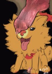 anatomically_correct anatomically_correct_genitalia anatomically_correct_penis animal_genitalia animal_penis animal_vulva bodily_fluids canid canine canine_genitalia canine_penis canine_vulva canis domestic_dog duo el_kyze female feral fur game_freak generation_10_pokemon genital_fluids genitals hi_res knot knotted_penis looking_at_genitalia looking_at_penis looking_pleasured male male/female mammal nintendo orange_body orange_fur penis penis_on_face pokemon pokemon_(species) pokemon_ww pombon pomken precum simple_background size_difference smaller_feral tongue tongue_out vaginal_fluids