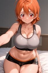 rena_aikawa_(pixiv_user) ai_generated stable_diffusion pixiv sora_takenouchi digimon digimon_adventure digimon_adventure_tri. 1girl breasts solo navel sports_bra smile large_breasts looking_at_viewer cleavage red_eyes cameltoe orange_hair collarbone blush sitting shorts short_hair indoors grey_sports_bra ahoge closed_mouth black_shorts sweat thigh_gap stomach thighs short_shorts bare_shoulders bed hair_between_eyes on_bed midriff selfie outstretched_arm bare_arms reaching bed_sheet black_sports_bra reaching_towards_viewer medium_hair boyshorts black panties underwear two-tone_bra