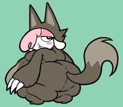 fawxen cofi_(chikn_nuggit) 1girls female female_only female_focus chikn_nuggit anthro furry sheep sheep_girl belly weight_gain fat stomach overweight_female overweight pink_hair hair_over_one_eye hair_covering_eye wolf_costume shortstack breasts thighs thick_thighs hips wide_hips large_ass ass tongue tongue_out pink_eyeshadow eyelashes looking_back