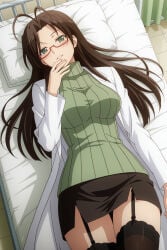1girls 2:3 absurd_res absurdres adult ai_generated ai_hands big_breasts blushing breasts brown_hair clothed female female_only garter_straps glasses green_eyes hasegawa_chisato heeven highres hospital_bed indoors labcoat long_hair long_sleeves looking_at_viewer lying_on_bed mature miniskirt on_back on_bed patreon_username shinmai_maou_no_testament solo sweater thighhighs uncensored