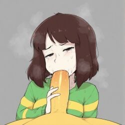 1boy 1girls ai_generated big_penis blowjob blue_eyes blush bob_cut brown_hair chara dress duo frisk gradient_background pale_skin short_hair srimbievil58 steam sweat undertale undertale_(series) veiny_penis video_games yellow_skin adult