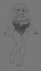 barefoot big_breasts clariarikari elf elf_female elf_girl greyscale hyper hyper_breasts long_hair one-piece_swimsuit petite petite_female pointy_ears round_breasts shortstack tagme terra_(clariarikari)