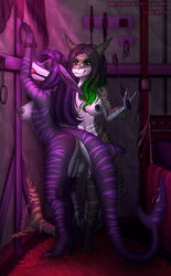 anthro ball_gag breast_grab breasts domination dungeon duo eyewear female femdom femsub fish furgonomics furry-specific_piercing gag gagged glasses green_eyes green_hair hair half-closed_eyes hand_on_breast handcuffs hi_res inside marine nipple_piercing nipples non-mammal_breasts piercing purple_eyes purple_hair red_ball_gag riding_crop shackles shark smile standing stripes tail_piercing taree tiptoes va_art whip yuri