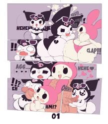 !! ... 1boy 2girls amai_lemon arched_back bent_over big_ass bigger_male black_eyes bottom_heavy color comic drooling english_text female female_focus furry glasses glasses_on_head grey_background hat heart imminent_oral kuromi my_melody onegai_my_melody onomatopoeia penis penis_awe presenting_hindquarters rabbit_girl sanrio shortstack size_difference sparkling_eyes straight surprised tagme text thick_thighs thong threesome twitter_link white_body