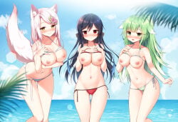 3girls beach bikini bikini_bottom bikini_lift bikini_top bikini_top_lift black_hair blush breasts breasts_out coconut_tree exposed_breasts flower_hair_ornament fox_ears fox_girl fox_tail green_eyes hair_ornament highres kemonomimi large_breasts mauve multiple_girls nipples original original_character pink_hair ponytail revealing_breasts sea side-tie_bikini sky straight_hair tied_hair
