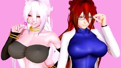 2010s 2girls 3d android android_21 android_21_(human) big_breasts black_sclera blue_eyes breasts brown_hair clothed clothed_female clothing dark_persona dragon_ball dragon_ball_fighterz dual_persona female glasses humanoid labcoat light_skin lollipop long_hair luna_(artist) majin majin_android_21 monster_girl pink_skin pointy_ears red_eyes white_hair