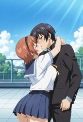 1boy 1girls accurate_art_style ai_generated arched_back arms_around_neck ass ass_cleavage ass_focus assertive assertive_female auburn_hair black-haired_female black_hair blazer blue_sky blush bowtie boyfriend-girlfriend boyfriend_and_girlfriend bubble_ass bubble_butt chain-link_fence city_background closed_eyes clothing couple cuddling curvaceous curvy curvy_body curvy_female curvy_figure dat_ass day duo duo_focus exposed_ass female fully_clothed gakuran green_eyes hair_ornament hairband high_resolution horny horny_female hugging indoors jacket kissing making_out male male/female medium_breasts mizushima_kaho orange_hair outdoors pants passionate passionate_kiss petite petite_body petite_female pixie_cut pleated_skirt rin_x_sen rin_x_sen_+_ran_-_sem_cross_mix road romantic romantic_couple rooftop round_ass sailor_collar sailor_uniform school_rooftop school_uniform schoolgirl short-haired_female short_hair skirt teen teenage_boy teenage_couple teenage_female teenage_girl teenager thick_ass thighs uncensored underass viewed_from_behind window