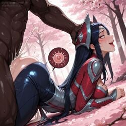 1boy 1girls ai_generated ass_ripple cum cum_inside dark-skinned_male dark_skin doggy_style head_grab implied_sex impregnation irelia_xan league_of_legends rolling_eyes smile top-down_bottom-up vertiloart