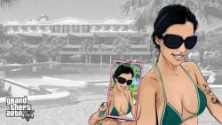 1girls absurd_res akyanyme arm_tattoo bare_shoulders bikini black_hair black_hair_female blue_bikini_top cellphone cleavage collarbone female_only grand_theft_auto grand_theft_auto_v happy_female large_breasts logo mature_female nokia parody sabina_sosa solo_female source_request sunglasses tagme text unbothered