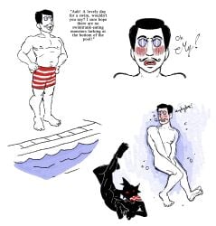 1ambiguous 1boy 1monster ambiguous_gender black_and_white black_body black_hair blush blush_lines blushing_profusely covered_eyes covering covering_crotch covering_privates covering_self creature degradation digital_drawing_(artwork) digital_media_(artwork) ear_fins eating_clothes eating_clothing embarassed embarassed_male embarassed_nude_male embarrasment english english_text exposure facial_hair frowning fully_submerged glasses head_fin head_fins human humiliated humiliated_male humiliation inappropriate_behavior limited_color limited_palette male male_focus mischievous monster moustache mr_shrink original original_character pince-nez pool poolside professional psychiatrist public public_exposure public_humiliation public_indecency public_nudity quote red_eyes red_in_the_face red_striped_trunks red_stripes removing_clothing round_glasses shadow shadow_creature shielded_eyes simple_coloring smiling submerged swim_trunks swimming swimming_pool swimming_trunks swimsuit swimwear underwater