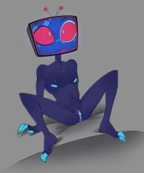 1boy 1cuntboy antennae_(anatomy) anus barefoot blush claws cuntboy ectochoir exposed_pussy feet glowing_anus glowing_genitalia hazbin_hotel hellaverse legs_spread male male_only mumbocumbo naked nipples nude nude_male pussy red_sclera sitting solo solo_male square_nipples tv_head vox_(hazbin_hotel)