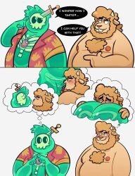 2_panel_comic anal anthro anukkyt aroused_smile ass blush blush_lines body_blush body_hair bovid butt_blush butt_grab caprine chest_hair doug_(monster_con) duo eyebrows fellatio gesture goo_creature hand_gesture hand_on_butt hi_res kissing looking_at_another male male/male mammal nipples oliver_baaple oral overweight overweight_male penile pointing pointing_at_another raised_eyebrow rimming sex sheep shirtless_male shy speech_bubble standing thinking_pose thought_bubble tongue tongue_out