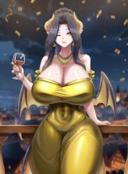 1girls 2026 amber_eyes big_breasts black_hair cleavage dress drinking_glass earrings female female_only fenrox gold_dress golden_week hi_res horns hourglass_figure huge_breasts long_dress long_hair looking_at_viewer mole mole_on_breast mole_under_mouth original pointy_ears red_lips shamiza_(fenrox) smiling smiling_at_viewer solo succubus succubus_horns succubus_wings tail thick_thighs voluptuous wide_hips wings wink winking_at_viewer