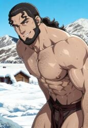 abs ai_generated anime_screencap anime_style black_hair black_hair_male dark_hair gay hairy_male icelandic male_focus male_only mature_male medieval muscular muscular_male nipples outdoors outside pecs ponytail shirtless_male snow solo_focus solo_male stable_diffusion sweaty_body thors_snorresson toned_body toned_male topless_male viking vinland_saga