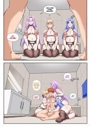1boy 3girls ahoge anus artoria_pendragon_(fate) ass bathroom big_breasts big_penis blonde_hair blue_hair breasts cielobivolta color_coded_text emiya_shirou english_dialogue english_text erection fate/stay_night fate_(series) foursome group_sex handjob harem highres kissing kneeling large_breasts large_penis lingerie long_hair medea_(caster)_(fate) medea_(fate) medusa_(fate) medusa_(rider)_(fate) multiple_girls orange_hair penis purple_hair saber_(fate) sex speech_bubble teamwork_(sexual) underwear