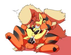 anal anal_sex animal_genitalia animal_penis arcanine ass balls blush canine canine_penis claws cum cum_in_ass cum_inside cum_while_penetrated cumshot duo eeveelution ejaculation erection feral fur hands-free hi_res jetta_the_jolteon jolteon knot larger_male male male_only mammal miau nintendo open_mouth orgasm original_character penetration penis pokemon pokemon_(species) sex simple_background size_difference smaller_male teeth tongue video_games white_background yaoi yellow_fur