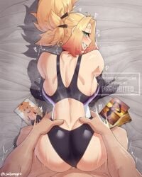 1boy 1girl absurdres all_fours ass ass_focus back back_cutout backboob bare_shoulders bed_sheet blonde_hair blush borrowed_character breasts clothed_female_nude_male clothing_cutout competition_swimsuit doggystyle elbow_gloves from_behind gloves green_eyes grin hair_ornament hair_stick heart highres huge_ass isabongos large_breasts long_hair looking_at_viewer looking_back motion_lines nude on_bed one-piece_swimsuit original ponytail sex sex_from_behind shoulder_blades sidelocks smile speed_lines sweat swimsuit thighs torso_grab wide_hips