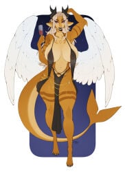 alcohol anthro aquatic beverage big_breasts breasts chain clothed clothing container cup dragon dress drinking_glass feathered_dragon feathered_scalie feathered_wings feathers female fish glass glass_container glass_cup gold_(metal) gold_chain hi_res horn hybrid littlesheep looking_at_viewer mythological_creature mythological_scalie mythology orianne_larone partially_clothed pubes scalie shark solo translucent translucent_clothing wine wine_glass wings