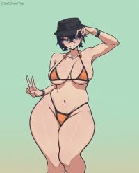 1girls absurd_res alternate_costume ass ass_focus ass_visible_through_thighs belle_(summer_skies)_(zenless_zone_zero) belle_(zenless_zone_zero) big_breasts breasts bucket_hat female female_focus female_only gradient_background highres large_breasts light-skinned_female light_skin official_alternate_costume saltdrawyou short_hair simple_background solo thick_thighs thighs wide_hips zenless_zone_zero