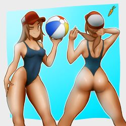 beach_ball brown_hair cap chiotosaurio lina_(celina_quintana) original original_character solo_female swimsuit
