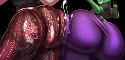2girls ass ass_bigger_than_head ass_bigger_than_torso ass_focus ass_press ass_to_ass big_ass black_background black_hair bottom_heavy breasts bubble_butt clothing comic cum_on_ass cum_on_clothes ear_piercing earrings fat_ass female female_only figura_(n-kosi) flare_pants forbidden_pants geegee_(n-kosi) gluteal_fold goblin goblin_female green_skin huge_ass large_ass massive_ass mini_comic n-kosi n-kosi_(coloring) original pants piercing pink_skin png rear_view shapeshifter shirt shortstack smile smug smug_grin thick_ass thick_thighs thunder_thighs wide_hips yoga_pants