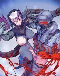 1boy bar_censor bodysuit breasts breasts_apart censored clothed_sex codename:_bakery_girl corruption depo exoskeleton female helmet highres jacket mask mechanical_tail medium_breasts navel nipples no_bra no_panties one_eye_closed penis pink_hair pubic_hair pussy red_eyes reverse_collapse_(series) selfie sex skin_tight soldier standing standing_missionary standing_sex straight sugar_(bakery_girl) tail tail_wrap torn_clothes v vaginal_penetration