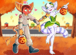 2025 activision anthro autumn barefoot belt blue_eyes blush bottomless breasts cleavage clothed clothing cosplay costume cybernetic_arm cybernetic_limb dialogue duo ear_piercing ear_ring elora english_text eyebrows eyelashes eyewear eyewear_on_head feet female fur genitals ghostbusters goggles goggles_on_head green_eyes halloween halloween_bucket headgear headwear heart_symbol hi_res holidays lombax male mammal manys_art no_underwear pantsless piercing ratchet_(ratchet_and_clank) ratchet_and_clank red_face ring_piercing rivet_(ratchet_and_clank) sony_corporation sony_interactive_entertainment spyro_the_dragon striped_body striped_fur stripes tail tail_tuft text third-party_edit tuft vulva watermark white_body white_fur yellow_body yellow_fur