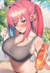 1girl bloomers blue_streaks bottle breasts colored_inner_hair commentary_request grey_bloomers grey_tank_top hair_horns hair_ribbon highres holding holding_bottle holding_towel jiyasu kanan-sama_wa_akumade_choroi kanan_(kanan-sama) large_breasts looking_at_viewer medium_hair midriff multicolored_hair navel outdoors parted_lips pink_eyes pink_hair ribbon slit_pupils streaked_hair sweat tank_top towel twintails underwear workout_clothes
