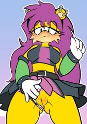 absurd_res anthro anus archie_comics blush bottomwear breasts clitoral_hood clothing clothing_aside clothing_pull demichan digital_media_(artwork) ear_piercing female fur genitals green_eyes hair half-closed_eyes herpestid hi_res looking_at_viewer mammal mina_mongoose mongoose narrowed_eyes panties panties_aside panty_pull piercing presenting presenting_vulva purple_hair sega simple_background skirt smile solo sonic_(series) sonic_the_hedgehog_(archie) sonic_the_hedgehog_(comics) sonic_the_hedgehog_(series) tail topwear underwear underwear_aside underwear_pull vulva yellow_body