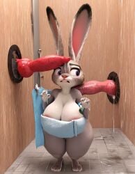 1girls 2boys ai_generated bathroom big_breasts canine_penis huge_ass judy_hopps penis_on_back penis_on_face red_rocket shortstack tagme towel_only zootopia