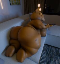 2026 3d_(artwork) animate_inanimate anthro ass bear big_butt black_nose bluegrass_films brown_body brown_fur controller digital_media_(artwork) english_description eyebrows fur furniture fuzzy_door_productions hi_res holding_controller holding_object holding_remote_control living_plushie male mammal media_rights_capital moobs mouth_closed on_sofa overweight overweight_anthro overweight_male pillow plushie remote_control seth_macfarlane smart_entertainment sofa solo ted_(film) ted_(franchise) ted_(ted) teddy_bear_(species) thick_thighs universal_pictures universal_studios xeytech