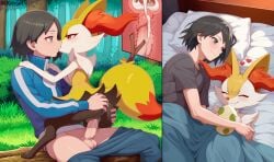 1boy 1girls ai_generated before_and_after blk9201 braixen calem_(pokemon) cross_section cum cum_in_pussy cum_in_uterus cum_inside egg ejaculation female female_on_human feral furry furry_female hands_on_ass heart hearts_around_head human implied_impregnation internal_cumshot interspecies interspecies_sex kissing kissing_while_penetrated male nintendo outdoors pants pants_down pants_pull penis penis_in_pussy pokemon pokemon_(species) pokemon_egg pokemon_xy pokephilia pussy pussy_juice uterus vaginal vaginal_penetration x-ray zoophilia