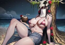 1girls ai_generated animal_skull antlers beach bikini black_hair black_sclera bones breasts clothed clothes clothing coconut daisy_dukes denim denim_shorts face_veil female flowers horror horror_(theme) isolde_(paigen) large_breasts monster_girl moss original original_character paigen purple_eyes roses sand shorts swimsuit tree veil vines water witch