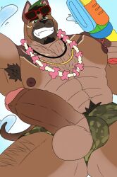 abs anthro areola armpit_hair balls beard biceps big_balls big_muscles big_penis biped black_hair body_hair brown_body brown_fur brown_genitals brown_nipples brown_penis bulge camo camo_print canid canine canis chest_hair clothed clothing clothing_aside day dobermann domestic_dog erection eyebrows eyewear eyewear_on_head facial_hair flower flower_necklace foreskin fur garland genitals glans goatee green_clothing green_eyes green_hair green_swimwear grin hair happy_trail headgear headwear holding_object huge_penis humanoid_genitalia humanoid_penis jewelry looking_at_viewer low-angle_view male male_anthro mammal mostly_nude muscular muscular_anthro muscular_legs muscular_male necklace nipples pattern_clothing pecs penis penis_poking_out pinscher plant presenting presenting_penis pubes retracted_foreskin saeng smile solo sunglasses sunglasses_on_head swimwear tail tan_body tan_fur tan_genitals tattoo teeth thick_eyebrows topless topless_anthro topless_male toy underwear underwear_aside underwear_only water wearing_sunglasses wufwufboii xxl_woofia