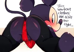 1boy anthro artist_request ass balls black_clothing blush bulge clothed clothing dialogue disney english_text furry male_only mickey_mouse mickey_mouse_&_friends red_clothing rodent solo source_request text tight_clothing white_background