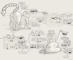 2026 abdominal_bulge after_vore belly big_belly body_outline bones_in_stomach butt digitigrade disgust english_text fatal_vore felid female feral front_view frown fur hand_imprint hand_on_belly hi_res huge_belly imprint iranian_mythology mammal mane manticore middle_eastern_mythology monochrome mortified mythology open_mouth outside profanity quadruped rear_view relarity scorpion_tail sequence signature sitting skull_imprint smile solo standing teeth text vore