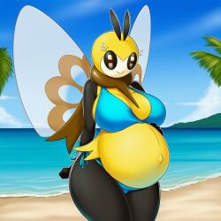 ai ai_art ai_generated anthro anthro_bug anthro_female anthropomorphic beach beach_background bee belly big_belly big_boobs big_breasts big_tummy bikini blue_bikini boobs breasts bug bug_girl bug_type fairy_type female lazybonesai pokegal pokegirl pokegirl_as_pokemon pokemon pokemon_(species) pokemon_sm pregnancy pregnant pregnant_anthro pregnant_female ribombee sexy smiling smiling_female tummy wings
