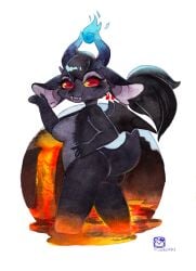 2020 5_fingers absurd_res anthro ass bat_wings bovid calderian caprine countershade_torso countershading dark_body dark_fur demon ember_starwillow eyebrows eyelashes eyeshadow fangs female fingers fire floppy_ears fluffy fluffy_tail fur goat hand_on_hip hi_res horizontal_pupils horn lava logo long_ears looking_at_viewer makeup mammal membrane_(anatomy) membranous_wings murazaki open_mouth pupils red_eyes shortstack shortstack_female signature solo tail tail_tuft teeth thick_thighs tongue traditional_media_(artwork) tuft volcano will-o'-the-wisp wings yellow_sclera