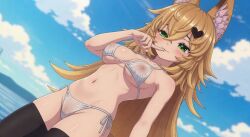 thedao77 blonde_hair green_eyes transparent_clothing vrchat ai_generated manuka beach bikini transparent_bikini nipples visible_pussy cat_ears long_socks smug_face