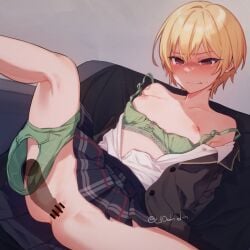 1boy bar_censor black_jacket black_skirt blazer blonde_hair blush bra breasts censored clenched_teeth collarbone commentary_request commission disembodied_penis feet_out_of_frame female green_bra green_panties half-closed_eyes highres idolmaster idolmaster_shiny_colors imminent_penetration imminent_rape imminent_vaginal imoden jacket miniskirt nipples open_clothes open_shirt panties panties_around_one_leg penis pleated_skirt saijo_juri school_uniform shirt short_hair skeb_commission skirt small_breasts solo_focus spread_legs straight sweatdrop tears teeth twitter_username underwear white_shirt