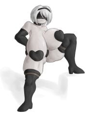 1girls arm_sleeves big_breasts blindfold boobs breasts choker clavicle covered_nipples covered_pussy elbow_gloves female huge_boobs huge_breasts nier nier:_automata simple_background stockings white_hair white_skin yorha_2b yourstrulygarbage