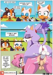 aged_up amy_rose anal anal_sex anthro anus ass backsack badger balls bat blaze_the_cat boxing_ring clothed clothing comic dialogue domestic_cat duo eulipotyphlan felid feline felis fighting_ring from_behind_position futanari genitals hedgehog hi_res humanoid_genitalia humanoid_penis ike_marshall mammal mustelid musteline penetration penis perineum pink_body purple_body rouge_the_bat sega sex sonic_(series) sonic_boom sonic_the_hedgehog_(series) speech_bubble sticks_the_badger sticks_the_jungle_badger