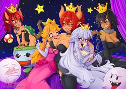 2others 5girls ambiguous_gender bangs bed bedroom black_hair boo_(mario) boosette bowser_jr. bowsette bowsette_jr. chain_chomp chains chompette clothes crown cute dress elbow_gloves female female_focus genderswap genderswap_(mtf) ghost gloves happy koopa_clown_car leash mario_(series) milf multiple_girls new_super_mario_bros._u_deluxe nintendo princess_peach red_bowsette red_hair rosalhymn rule_63 shell sparkling_eyes spiked_armlet spiked_bracelet spiked_collar spiked_shell spiked_thighlet super_crown super_mario_bros. white_hair yuri