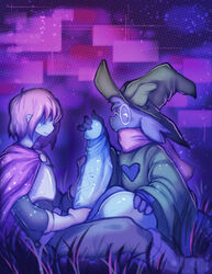 2boys anthro armor balls big_balls big_penis black_fur blue_skin boots brown_hair cape clothing deltarune eyelashes eyes_closed fur gay glasses gloves glowing glowing_background goat grabbing grabbing_penis grabbing_testicles grass hat heart highres horns hyper_balls hyper_penis hyper_testicles kris_(deltarune) large_penis large_testicles male male_only males_only massage masturbating neon on_ground on_the_floor on_the_ground penis penis_grab penis_out penis_tip purple_background pwcsponson ralsei scarf serious sitting sitting_down smile smiling testicle_grab testicles touching wizard_hat yaoi